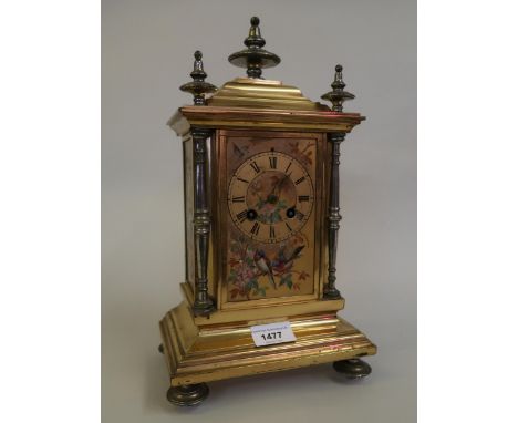 Late 19th Century French gilt and silvered brass mantel clock with painted decoration of birds and stylised flowers, the dial