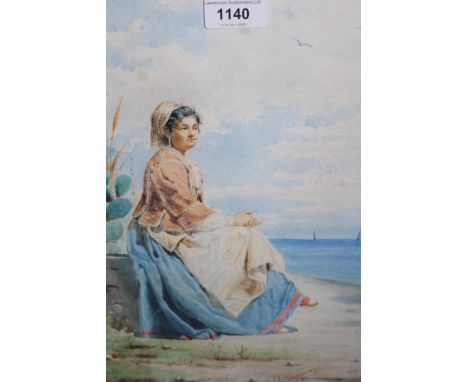 A. de Dominicis signed watercolour, portrait of a young lady seated in a coastal landscape, 13ins x 9.5ins 