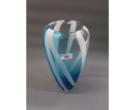 Large mid 20th Century Art glass vase, with spiral twist decoration on a light blue ground, 14.5ins high 