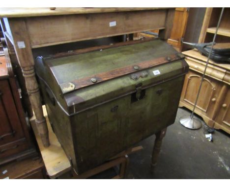 Green painted Toleware and wooden banded trunk with hinged dome cover, 27ins wide 
