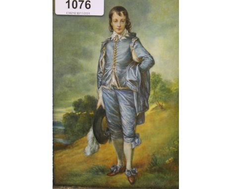 After Thomas Gainsborough, small watercolour portrait ' The Blue Boy ', 6.5ins x 4.25ins, housed in a white metal 800 mark fr