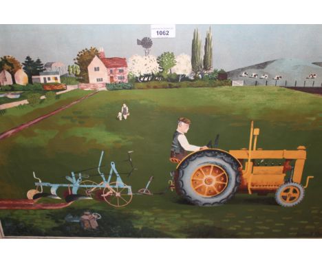 20th Century coloured print (Baynard for Schoolprints Ltd), by Kenneth Rowntree, titled ' Tractor in Landscape ', 19ins x 30i