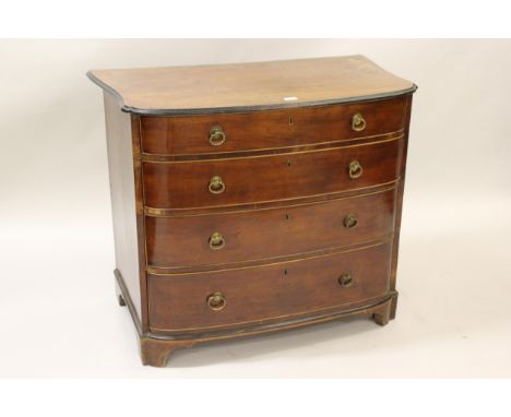 19th Century Continental mahogany bow front commode chest, the shaped line inlaid top above four graduated drawers with brass
