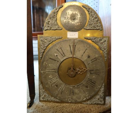 18th Century French oak longcase clock, with an arched hood above a carved panel door and plinth base, the brass and pewter d