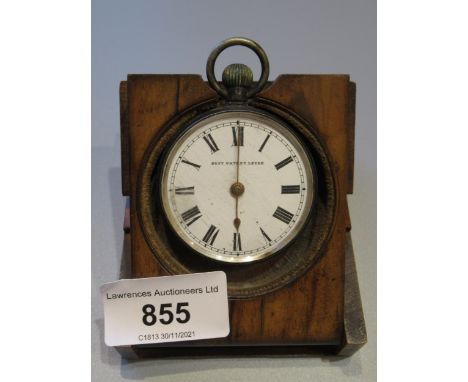 Continental silver open face pocket watch with enamel dial, having Roman numerals in a Sorrento olive wood watch holder 
