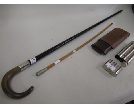 Silver mounted walking cane, military swagger stick and a cigar case/ hip flask 