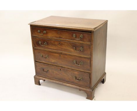19th Century mahogany dwarf chest, having veneered moulded top above four graduated drawers , with brass swan neck handles, r