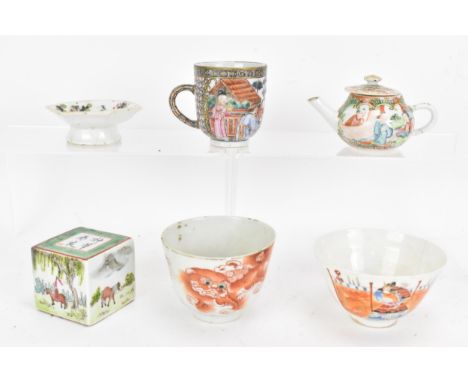 A selection of Chinese porcelain to include an 18th century famille rose export cup, a 20th century porcelain seal of cube fo