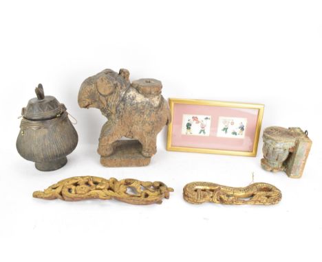 A mixed lot to include two framed Chinese silk panels depicting children playing and carved treen to include an African triba