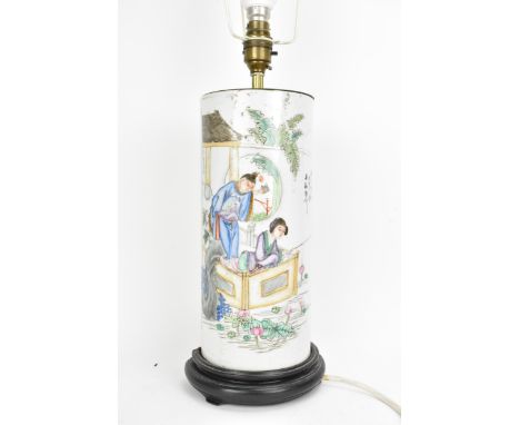 A Chinese Famille Rose hat stand converted to a table lamp, late Qing dynasty, decorated with figures in a river landscape de