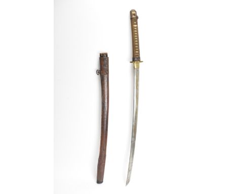 A Japanese WWII Shin-Gunto neo army officers sword, circa 1937-45, prunus cast brass tsuba, brown braid bound tsuka and tripl