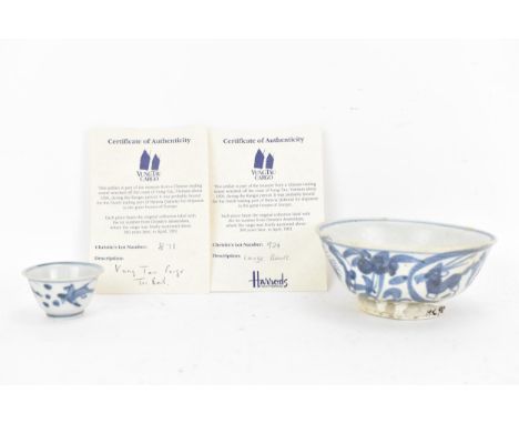 A Chinese Kangxi Vung Tau cargo tea bowl and bowl, both decorated with blue on white, with original Christies labels and cert