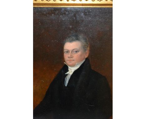 19th Century English school, oil on panel, portrait of a gentleman wearing a black coat, 10.5ins x 8.5ins, gilt framed