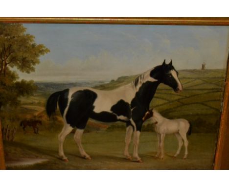 Harriette Harkness, oil on canvas, portrait of horses in a landscape, inscribed verso ' Magpie ', height 14 - 2, the property