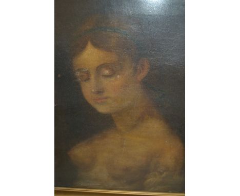 18th / 19th Century oil on canvas, half length portrait of a nude girl with eyes closed, 22ins x 16ins, gilt framed