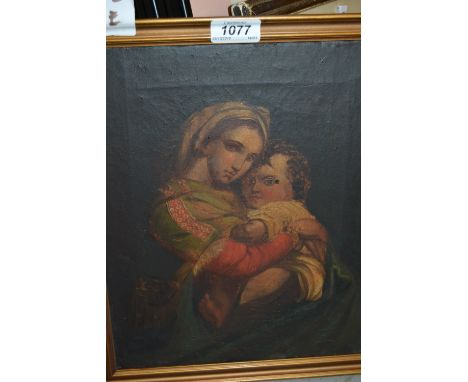 19th Century oil on canvas, portrait of the Madonna and child, 12ins x 10ins