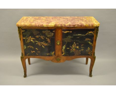 Late 19th or early 20th Century French kingwood and lacquer decorated serpentine fronted two door commode with a marble top a