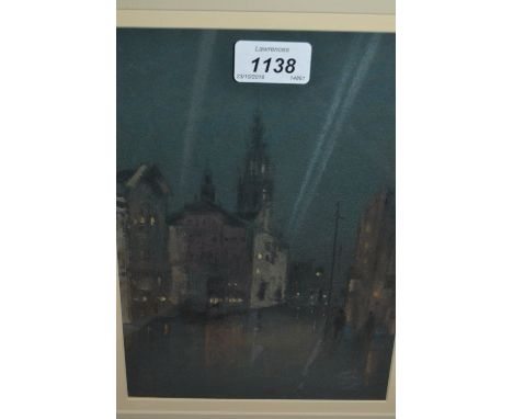 Gouache and charcoal drawing street scene, inscribed verso ' War Search Lights, Hammersmith Town Hall 1917 ', signed R. Rando