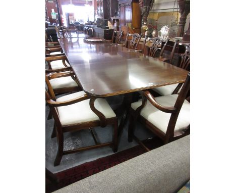 Good quality reproduction mahogany three pillar D-end dining table with two extra leaves by William Tillman together with an 