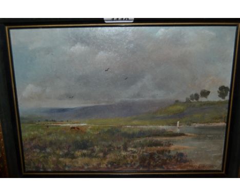 Charles Good, R. B. A., signed oil on millboard, river landscape with boat and cattle grazing, 9ins x 12ins