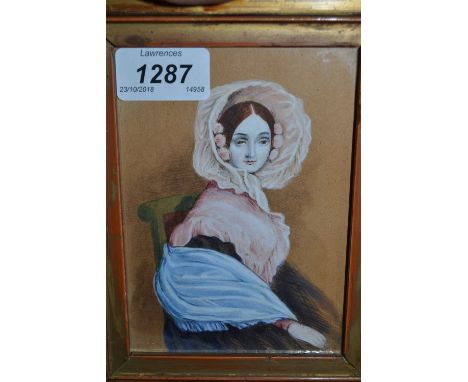 Small 19th Century watercolour, portrait of a seated lady in white bonnet, unsigned, gilt framed, 6ins x 4ins