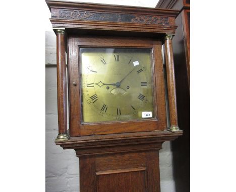 George III oak longcase clock, the square hood with flanking pilasters above a rectangular panel door and moulded plinth base