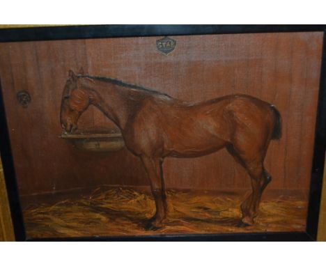 19th / 20th Century oil on canvas, portrait of a horse in a stable, monogrammed C. R. B., 10ins x 14ins