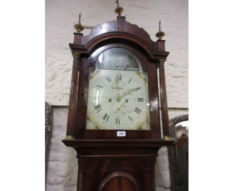 George III mahogany longcase clock, the broken arch dial with flanking pilasters above an arched moulded figured panelled doo