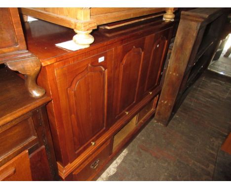 20th Century cherry wood television / hi-fi cabinet in the form of a mule chest together with a pair of matching speaker encl