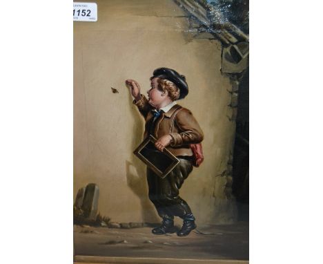 R. Elliott (possibly Robinson Elliott), oil on canvas, study of a Victorian schoolboy attempting to catch a butterfly, a slat