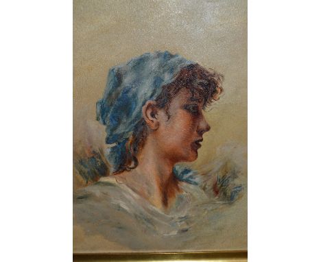 Early 20th Century oil on millboard, head and shoulder portrait of a young lady with blue headscarf, 14ins x 12ins