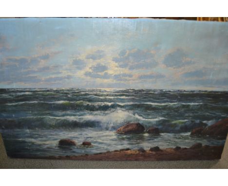 Unframed oil on canvas, seascape at sunset, signed Blaetter