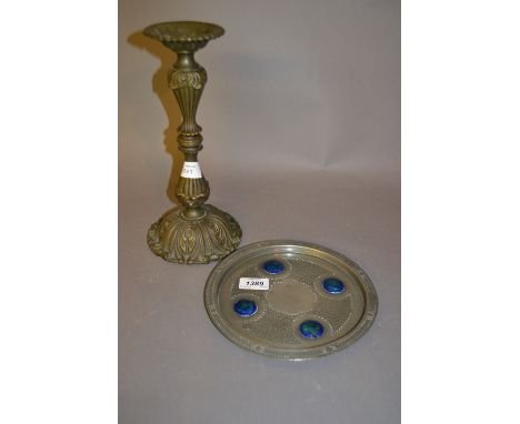 Early 20th Century circular pewter plate decorated with four enamel Ruskin type roundels (two at fault), together with a pati