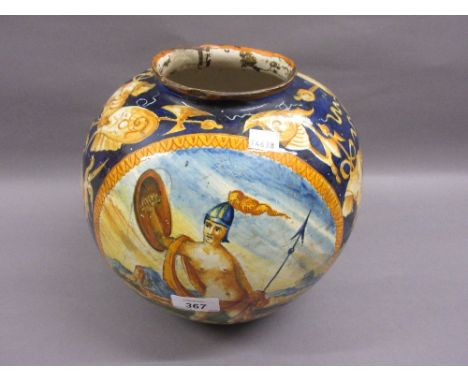 19th Century Italian Majolica ovoid portrait jar (cracks and damages), 12ins high approximately