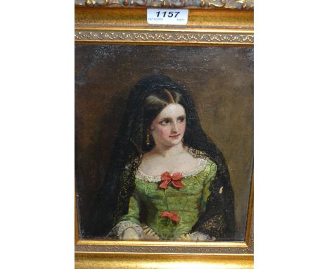 19th Century oil on canvas, half length portrait of a seated lady wearing a green dress and black shawl, 9.5ins x 8ins in a m