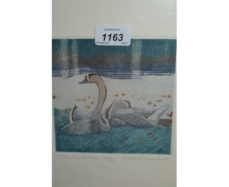 Robert R. Greenhalf, Limited Edition woodblock print, No. 146 of 150, titled ' Chinese Geese ', 6ins x 6ins, together with a 