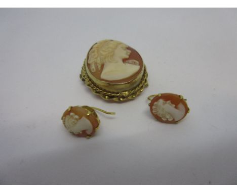 Oval 9ct gold mounted shell carved cameo portrait brooch together with pair of similar gold mounted earrings