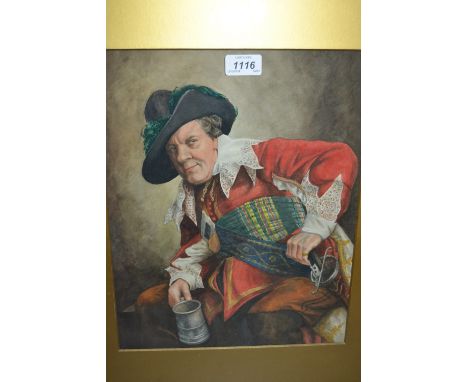 Gilt framed watercolour, portrait of a 17th Century gentleman holding a pewter tankard, 14.5ins x 11.5ins