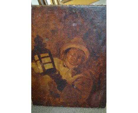 19th Century oil on canvas, portrait of a gentleman holding a lantern, unframed, 17.5ins x 14.5ins
