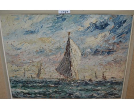 William Tollast, 20th Century oil on board, sailing vessels at sea, signed verso, 13ins x 17ins, framed CONDITION REPORT Good