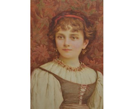 Reginald Barber, watercolour, half length portrait of a girl wearing a red head band, standing before floral wallpaper, signe