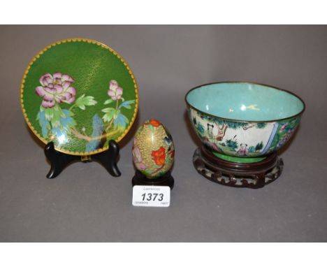 Cloisonne floral decorated plate, small cloisonne floral decorated egg and a Canton enamel bowl decorated with figures