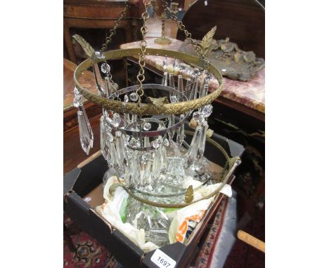 Glass and metal circular multi tier light fitting together with a small oval gilt framed wall mirror