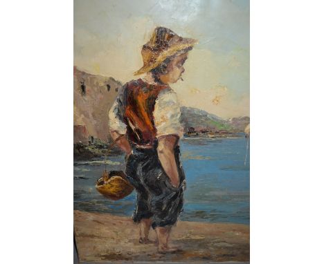 Unframed oil on canvas, portrait of an Italian boy in a coastal landscape, 27.5ins x 20ins