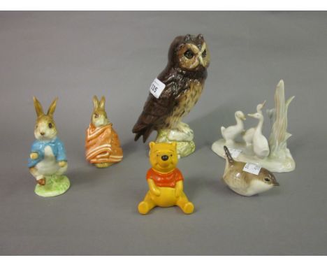 Royal Doulton short eared owl Whyte & Mackay Scotch Whisky decanter, a Nao figural group of geese, Beswick Beatrix Potter fig