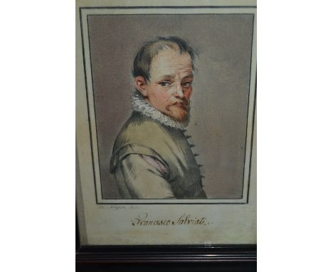 Pio Arrighetti, signed watercolour and ink drawing, portrait of a medieval gentleman, ebonised frame, 9ins x 6.5ins