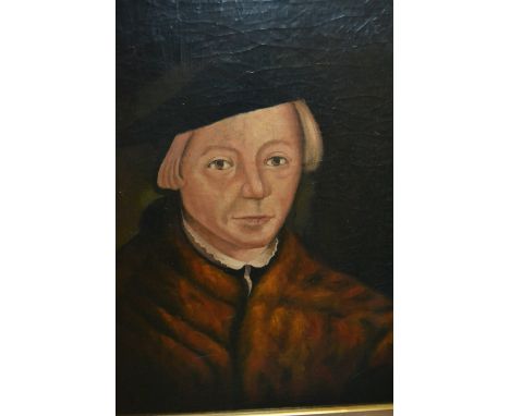 Oil on board, head and shoulder portrait of a man in Tudor costume, gilt framed