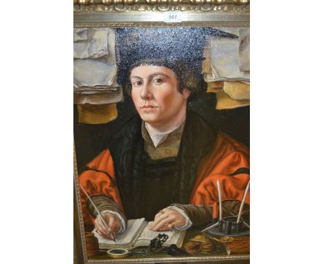 Replica oil on canvas, portrait of a man after Jan Gossaerts, in a silvered frame