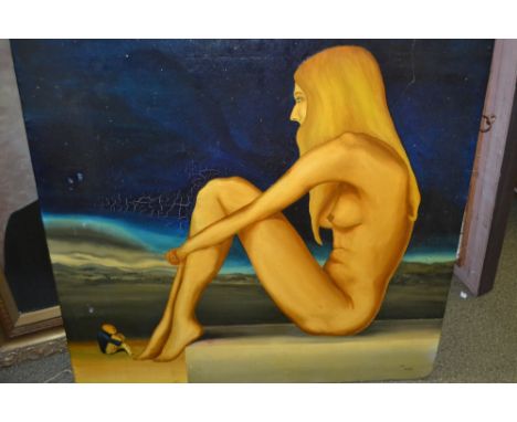 Surrealist style oil painting on board, female figure study, signed Rich and dated 1970 together with an oil painting on prin