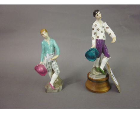 Two 1970's Royal Worcester figures of Italian boys holding hats (one on a wooden plinth)